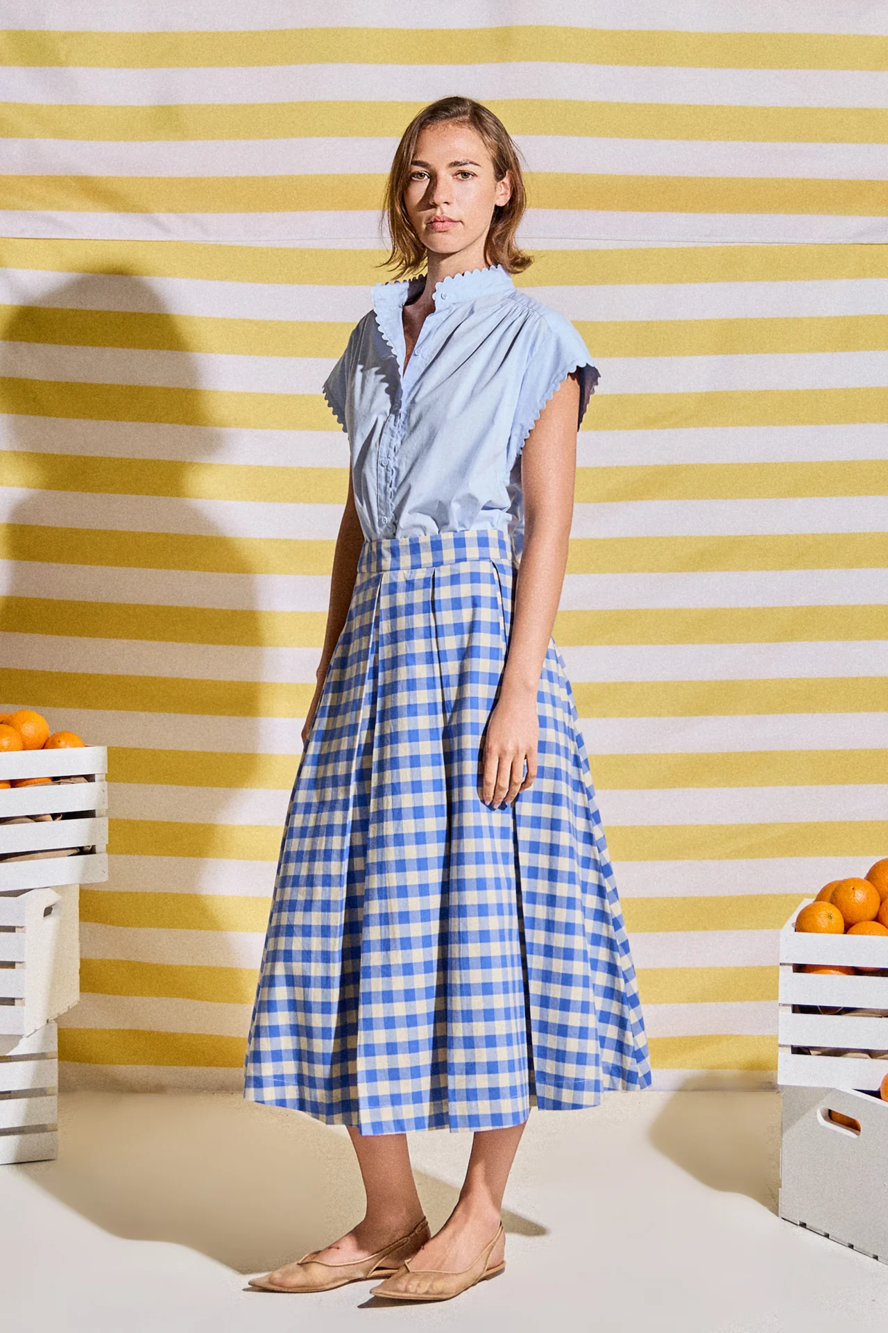 Linen Checked Pleated Midi Skirt - Image 3