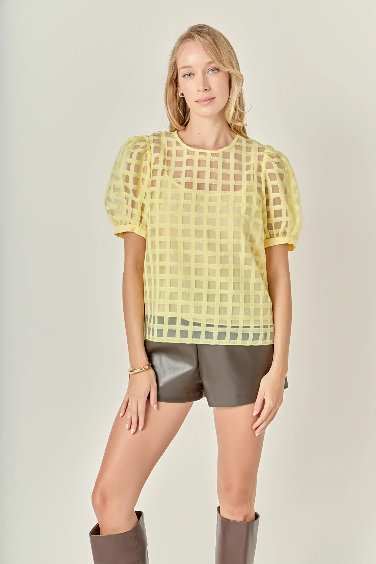 Puff Sleeve Plaid Sheer Top - Image 16