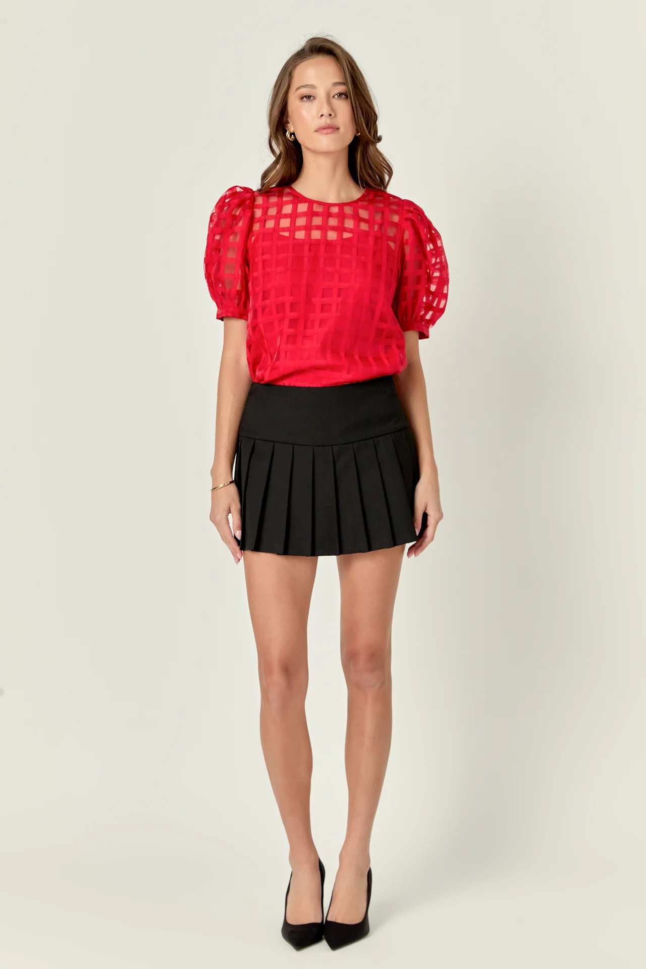 Puff Sleeve Plaid Sheer Top - Image 43