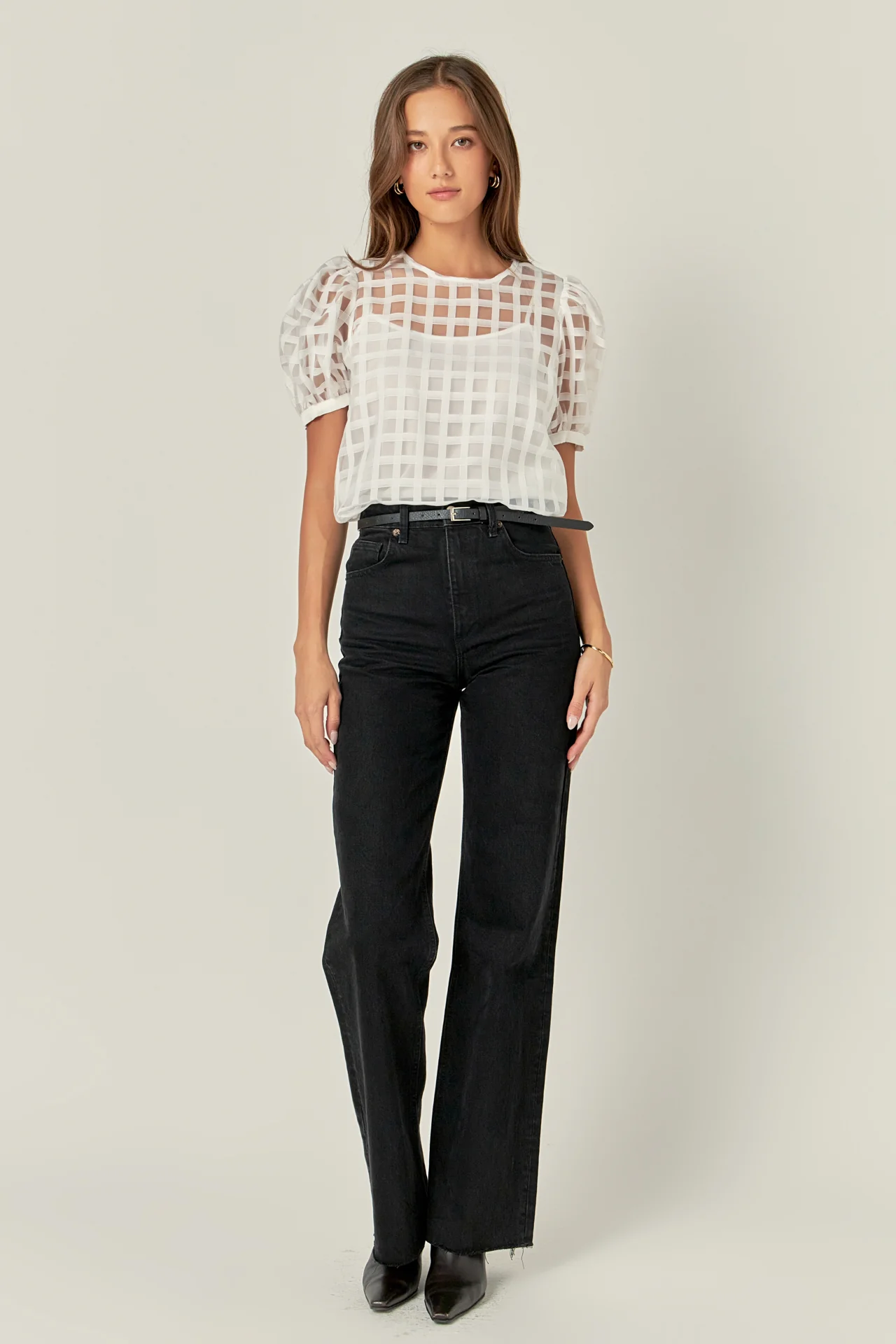 Puff Sleeve Plaid Sheer Top - Image 48