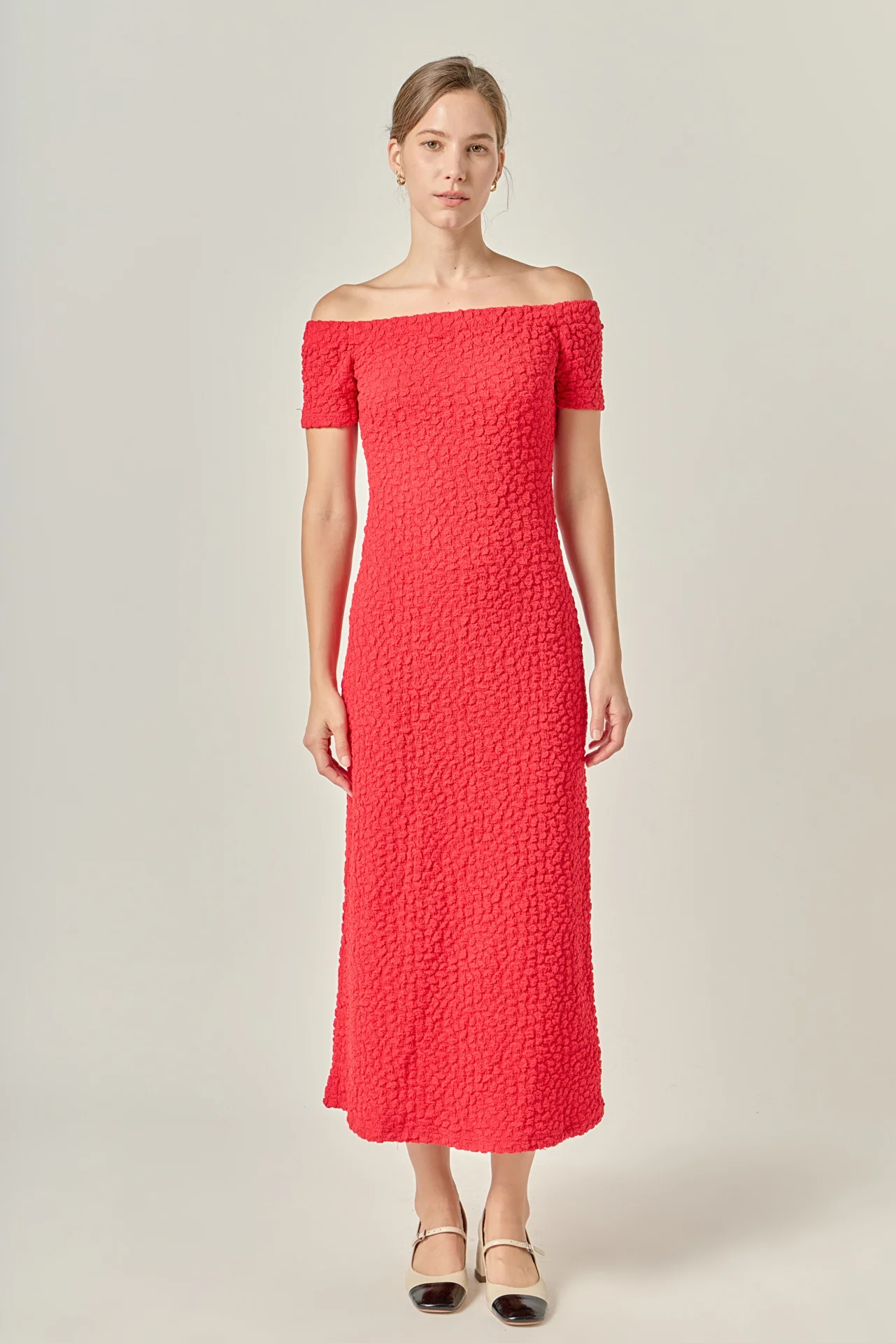 Off-Shoulder Bouclé Knit Midi Dress - Image 13