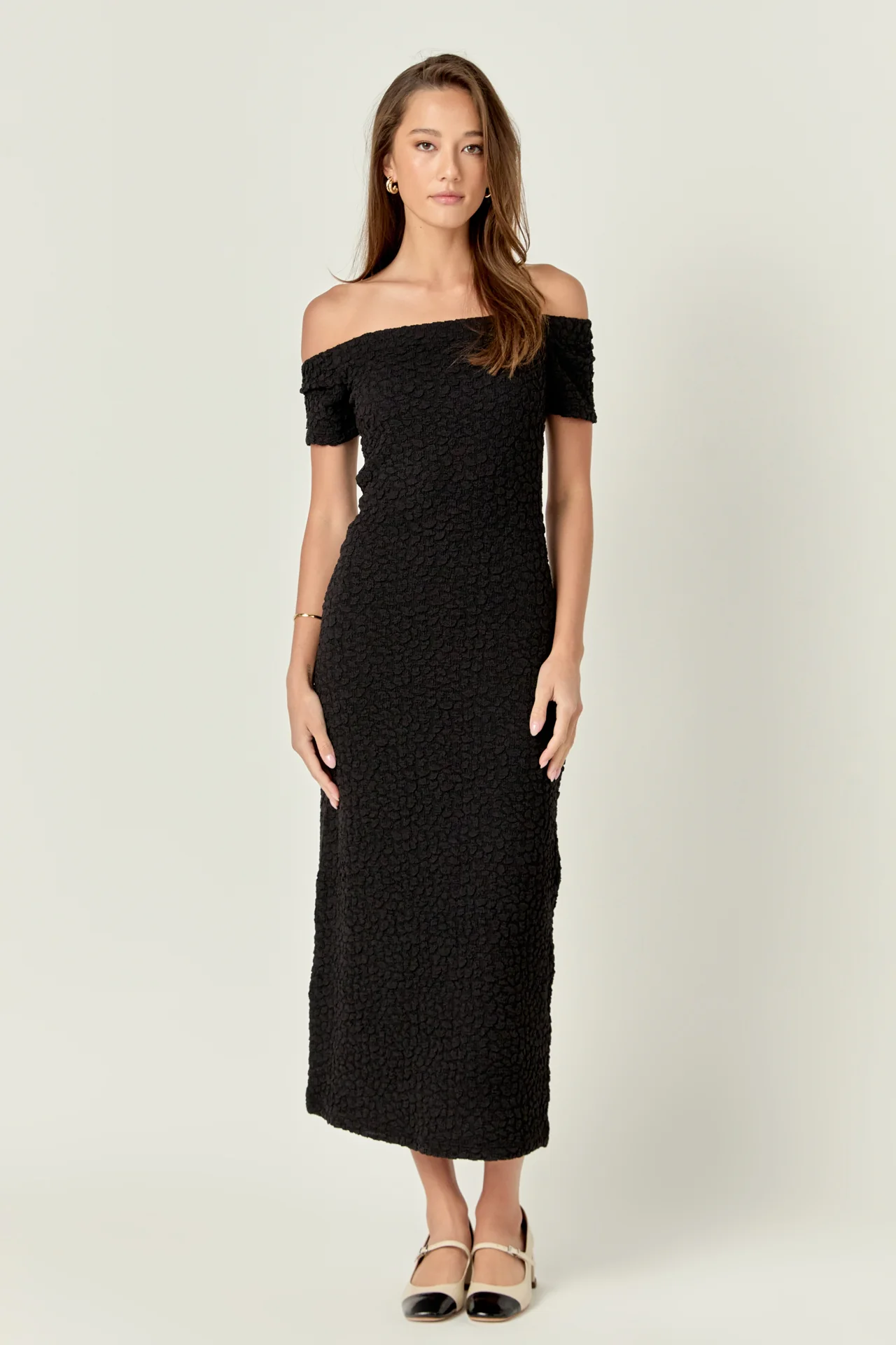 Off-Shoulder Bouclé Knit Midi Dress - Image 21