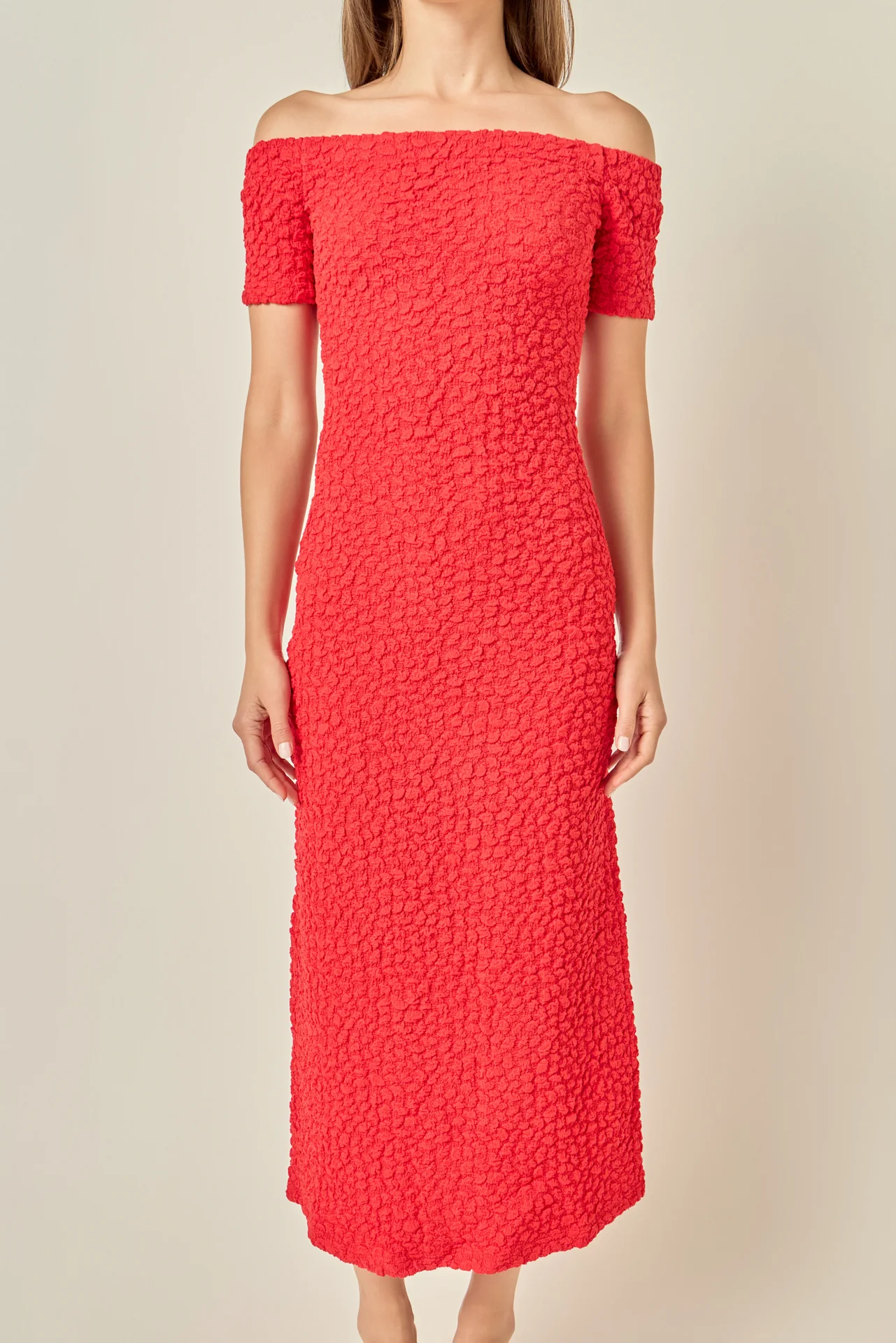 Off-Shoulder Bouclé Knit Midi Dress - Image 9